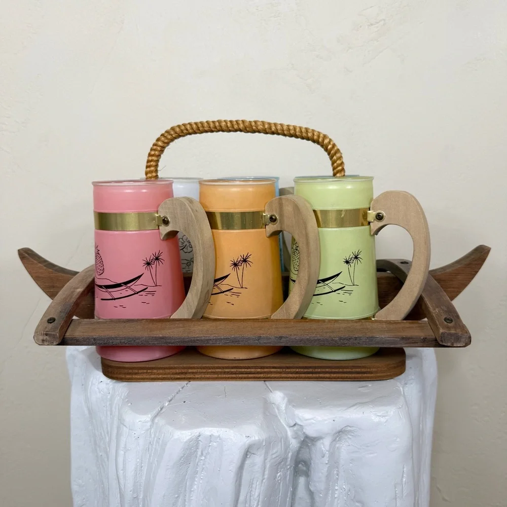 Vintage Siesta Ware Set of 6 Hawaiian Tiki Mugs & Wood Outrigger Canoe Carrier